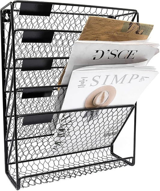 Wall File Holder Hanging Mail Organizer Metal Chicken Wire Wall Mount Magazine Rack for Home and Office (Black)