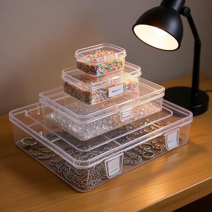 28 Pack Rectangular Mixed Sizes Clear Plastic Storage Containers | Hinged Lid, For Beads and Small Craft Items