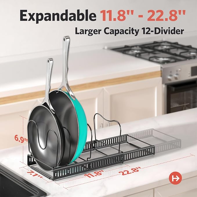 ORDORA Pots and Pans Organizer Under Cabinet, Expandable 11.8"-22.8" Pot Lid Holder with 14 Adjustable Dividers, Pan Organizers inside Cabinet for Kitchen Cookware Bakeware, Black