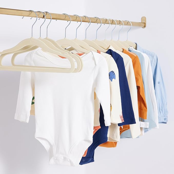 Amazon Basics Kids Space Saving Velvet Non-Slip Clothes Hangers with Shoulder Notches for Infant and Toddler, 11.6", Beige 50 Count (Pack of 4)
