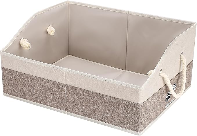 Large Dog Toy Basket with Handle, Foldable Dog Toy Box for Living Room Area , 20" Basket for Dog's Supplies, Organizer and Storage with Hard Board, Anti-Slip for Pet Toys (Brown, Medium 20"×15")