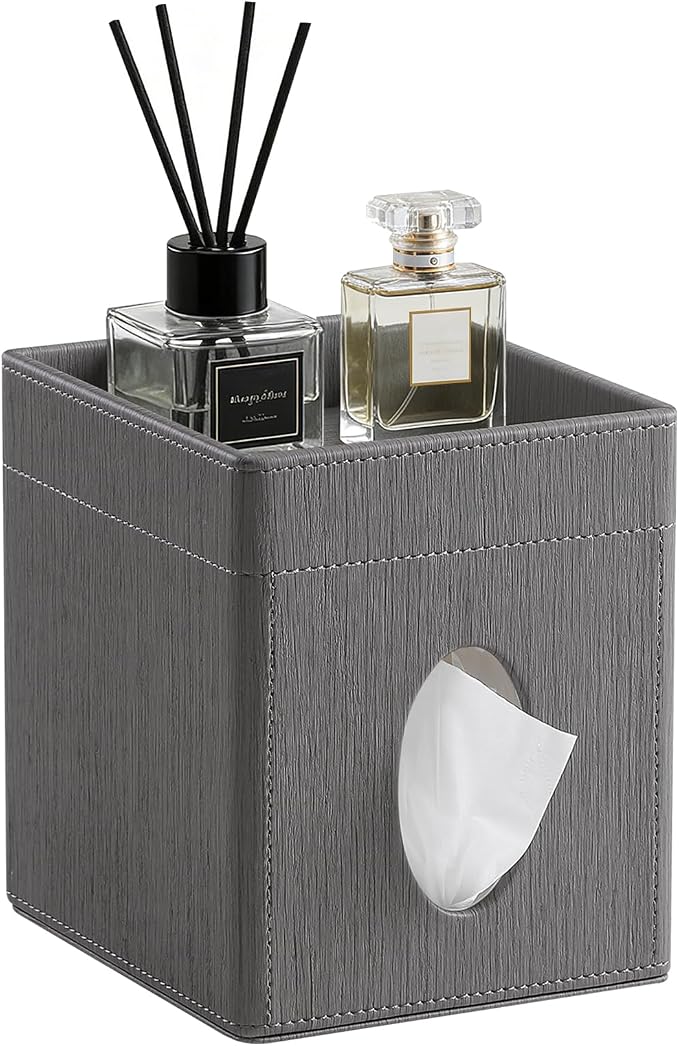 Tissue Box Cover, PU Leather Square Tissue Box Holder with Storage Tray for Bathroom Vanity Countertop Night Stands Bedroom Office Desk, Stylish Tissue Holder Decorative Organizer (Gray)