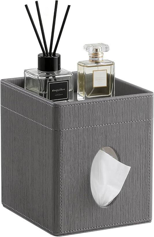 Tissue Box Cover, PU Leather Square Tissue Box Holder with Storage Tray for Bathroom Vanity Countertop Night Stands Bedroom Office Desk, Stylish Tissue Holder Decorative Organizer (Gray)