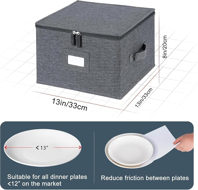 China Storage Containers Hard Shell Inside 13" W x 8" H, Charger Plate Storage Containers for Dishes, Dinnerware with 24 Felt Dividers, Hold 24 Plates, Stackable (2 Pack Grey)