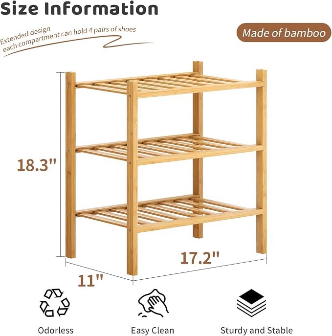 Bamboo Shoe Rack Stackable Shoe Shelf Storage Organizer for Unit Entryway Hallway and Closet Sturdy Freestanding Small Shoe Shelf(3S Tier Natural)