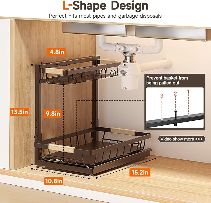 Sevenblue 2-Pack 2-Tier Height Adjustable Under Sink Organizer & Storage | Multi-purpose storage for kitchen & bathroom cabinet. Extra Large brown shelf, height adjustable design for space-saving.
