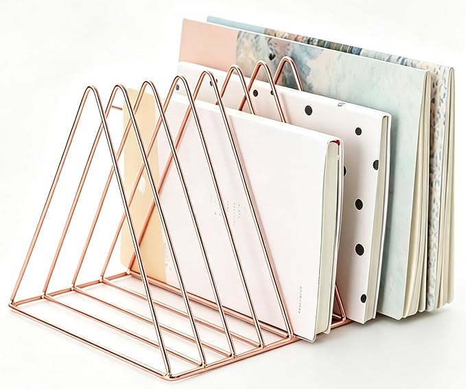 Sooyee 9 Slot Metal Record Holder Storage, Rose Gold | Magazine Holder, Book Album Display Rack, Desktop File Sorter Organizer, Triangle Bookshelf Decor for Home Office
