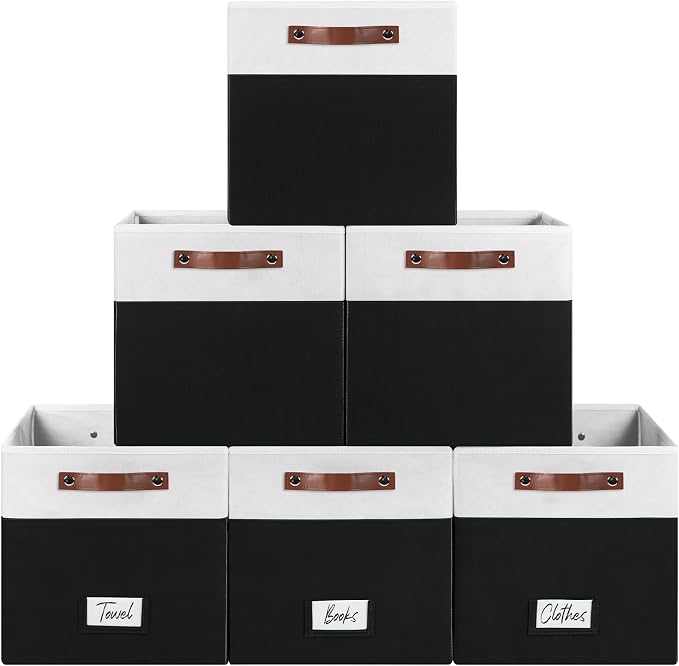 FinishingBo 6-Pack Storage Cubes with Handles & Label Holders Basket, Closet Cube Home Organizer Bins(White/Black, 13 x 13 x 13 inch)