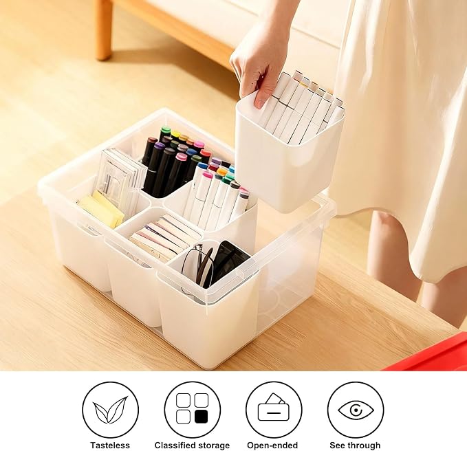 Plastic Storage Bins with Lids, Art Craft Supply Organizer Box with Brush Pot, Multipurpose Stackable Storage Containers for Organizing Tool, Craft, Crayon,Sewing (Red)