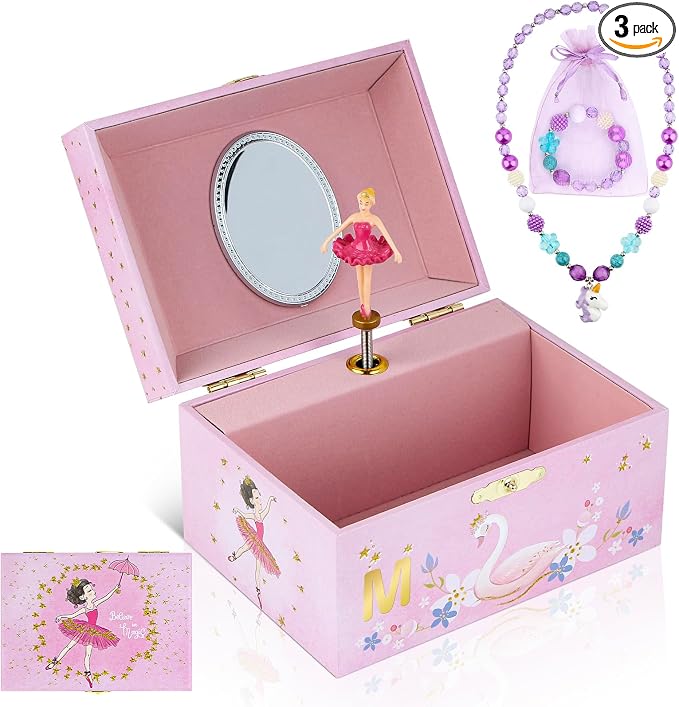 Magical M Initial Pink Ballerina & Swan Music Box - Custom Girl's Jewelry Box with Mirror & Music, Set Includes Matching Necklace & Bracelet, Special M Letter Jewelry Box for Girls