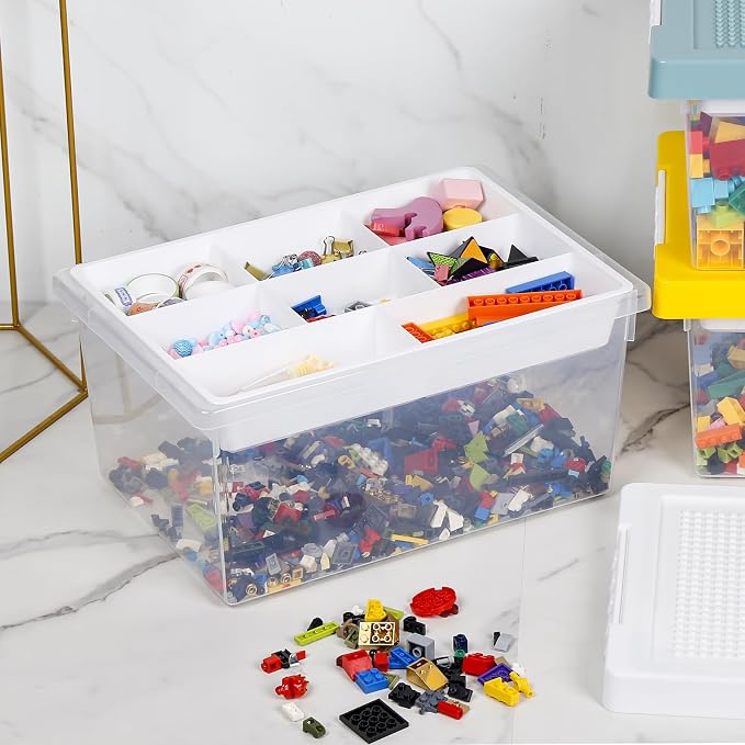Plastic Storage Bins with Lids - 1 Set Stackable Arts Crafts Organizer Box with Removable Divided Tray &Compatible Building Baseplate,Toy Chest Containers for Bricks -White(14.37"x9.64"x6.69")