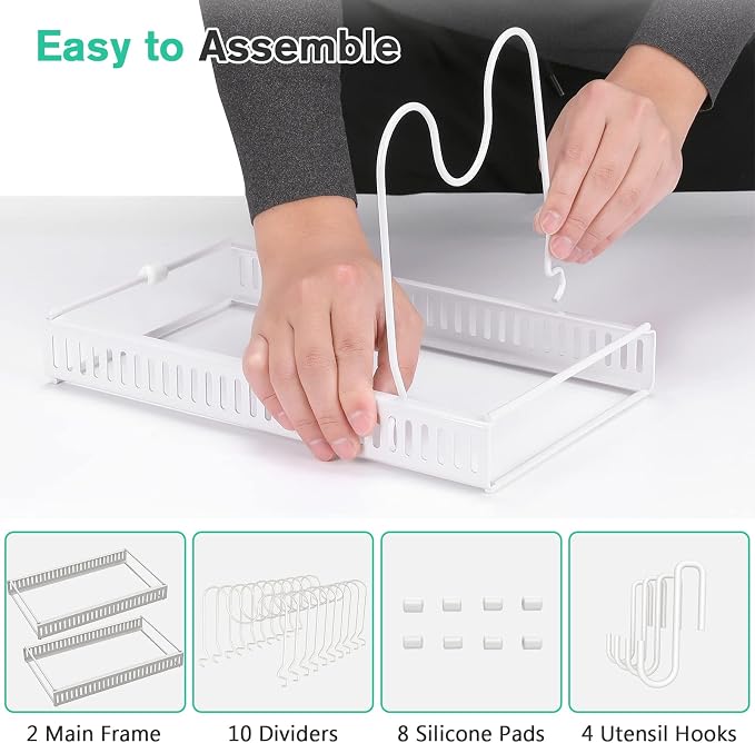 Puricon Pots and Pans Organizer Under Cabinet, Expandable Pot Rack with 10 Dividers, Lid Organizers Inside Cabinet, Cutting Board/Cookware/Bakeware/Baking Storage Holder for Kitchen -White
