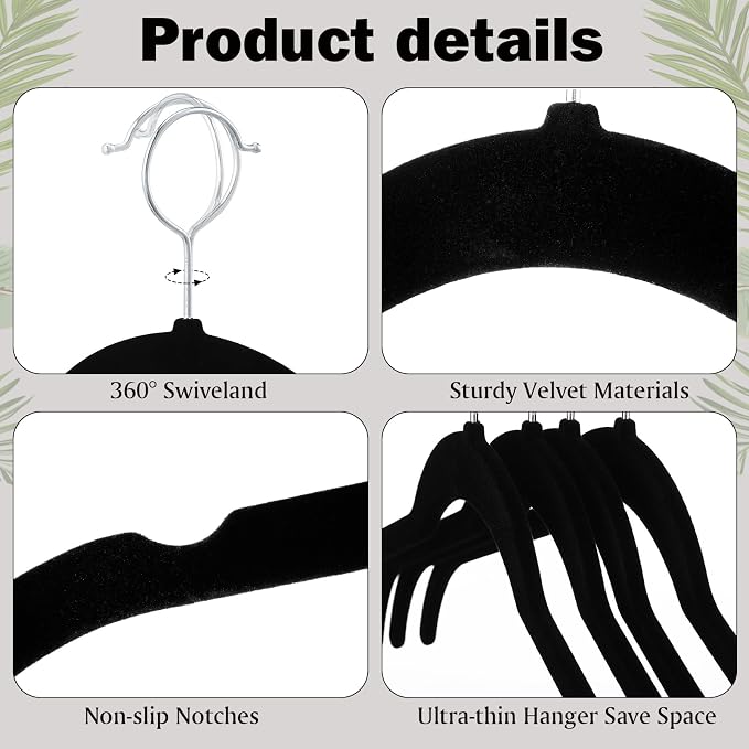 DoubleFill 50 Pack Velvet Hangers Non-Slip Shirt Clothes Hangers 360° Swivel Hook Slim Flocked Coat Hanger Heavy Duty Space Saving Felt Hanger for Women Men Pants Jackets Dress(Black)