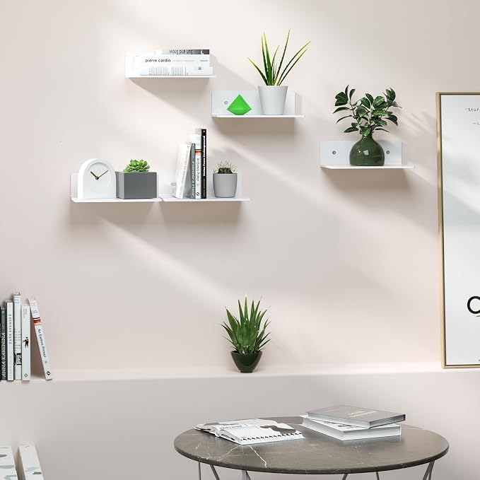 Hexsohoma 9 Inches White Floating Shelves, Acrylic Wall Shelves for Living Room, Bedroom, Bathroom, Kitchen, Office, Brand Store, Retails, Gaming Room, 4 Pack