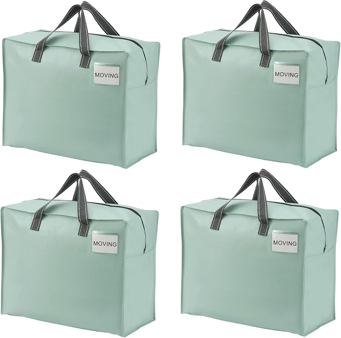 VENO 4 Pack Heavy Duty Moving Bags, Storage Bags, Packing Supplies, Top Zipper, Storage Totes for Camping, Clothes, Bedding, Comforters, Pillows (13 Gallon Light Green, 4 Pack)