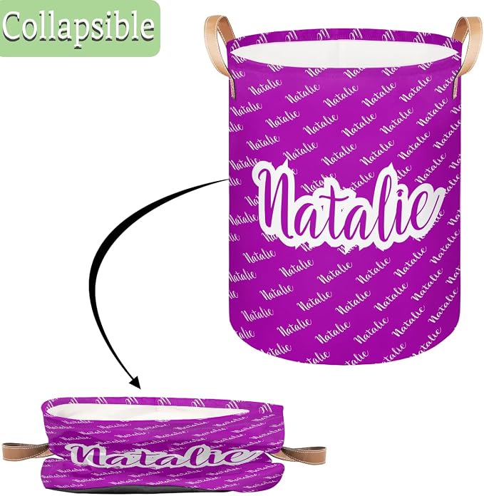 Personalized Laundry Basket, Custom Gift Laundry Hamper, Collapsible Nursery Waterproof Laundry Baskets, Dirty Clothes Toy Hamper with Handles Name Purple