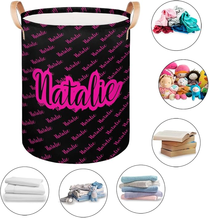 Personalized Laundry Basket, Custom Gift Laundry Hamper, Collapsible Nursery Waterproof Laundry Baskets, Dirty Clothes Toy Hamper with Handles Name Black Hot Pink