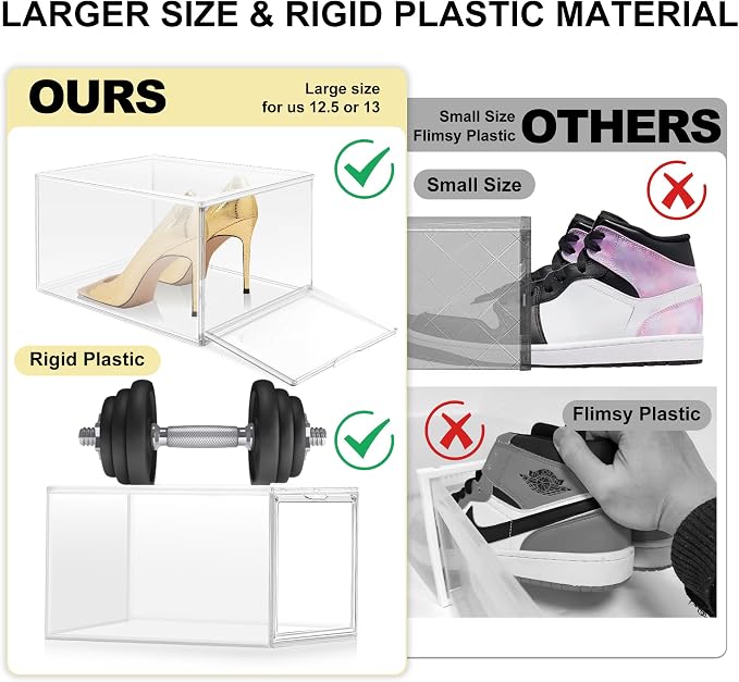 1 Pack Clear Shoe Boxes with Acrylic Drop Front Magnetic Door, Stackable Size 12 Shoe Organizer for Sneaker Collection, Space-Saving Plastic Shoe Storage Box for Closet, Entryway, Bedroom