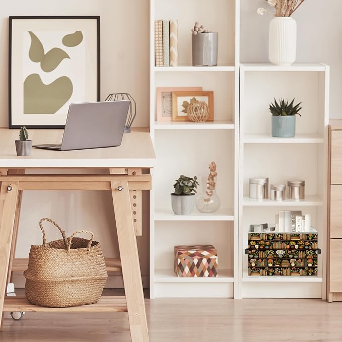 Bookshelf Book Lover Storage Bin Box with Handles, Vintage Botanical Bookish Foldable Organizer Basket Toybox for Reading Room Library Home Clothes Books