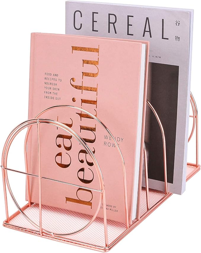 File Sorter Organizer, 5 Section Magazine Holder Rack, Desktop Round Wire Book Stand for Mail, Paper, Document, Folder, Record and Desk Accessories, Rose Gold