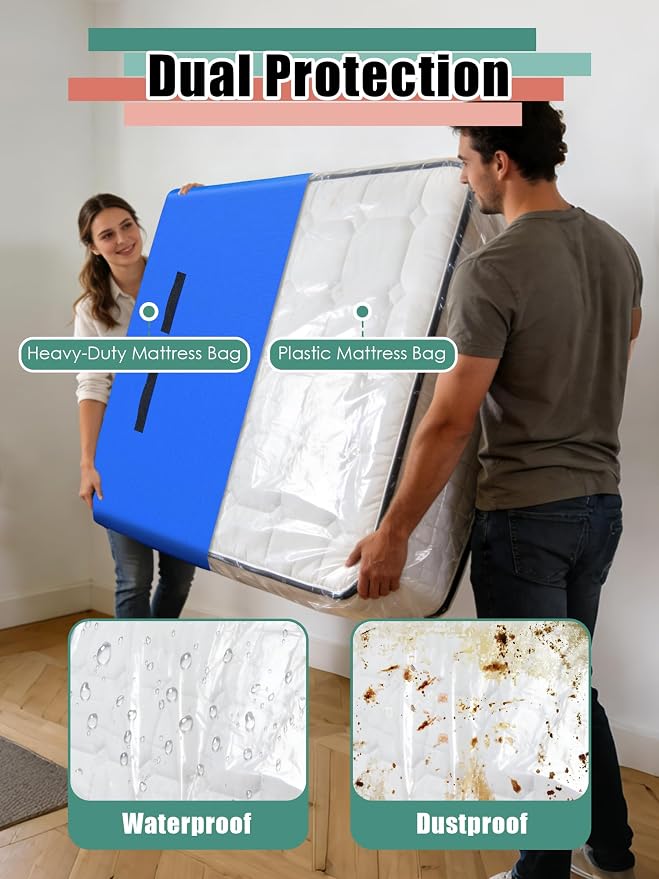 WTREE Double Shield Mattress Bag for Moving and Storage, 8 Reinforced Handles Mattress Cover with Internal Clear Mattress Protector, 170GSM Heavy Duty Tarp Mattress Mover Tool, Twin(Pack of 2)