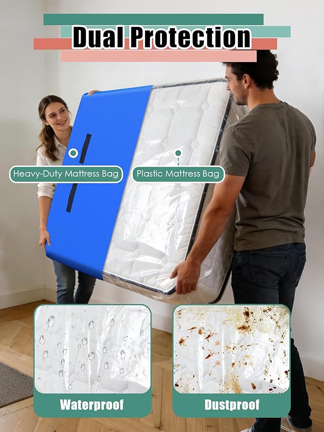 WTREE Double Shield Mattress Bag for Moving and Storage, 8 Reinforced Handles Mattress Cover with Internal Clear Mattress Protector, 170GSM Heavy Duty Tarp Mattress Mover Tool, Cal King(Pack of 2)