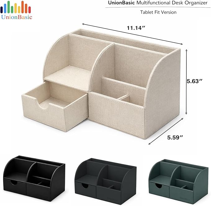 UnionBasic Desk Organizer - Multifunctional Leather Desktop Pen Holder Storage Box - Business Card/Pen/Pencil/Mobile Phone/Stationery Holder, Taiga Dark Gray