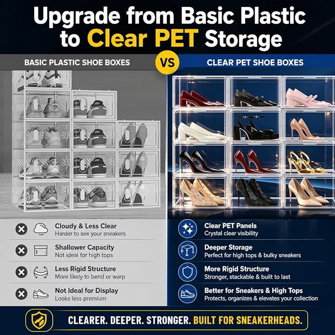 12 Pack Acrylic Shoe Storage Boxes Clear Sneaker Shoe Display Case Fit US Size 12, Stackable Hat Sneaker Shoe Organizer for Closet, Entryway, Underbed, Space Saving Shoe Boxes for Men Women