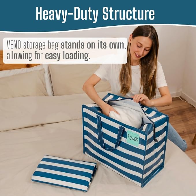 VENO 4 Pack Heavy Duty Moving Bags, Storage Bags, Packing Supplies, Top Zipper, Storage Totes for Camping, Clothes, Bedding, Comforters, Pillows (13 Gallon, Classic Navy Stripe, 4 Pack)