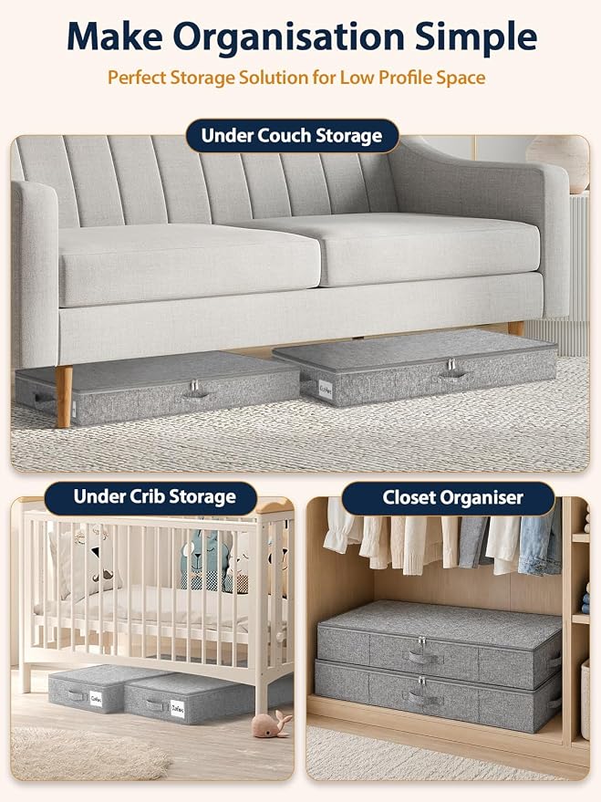5 Inch High Under Bed Storage Containers 2-Pack, Low Profile Underbed Storage Bins with Rigid Structure, Clear Window & Handles, Foldable Organizer for Clothes, Blankets, Shoes, Bedroom & Dorm, Gray