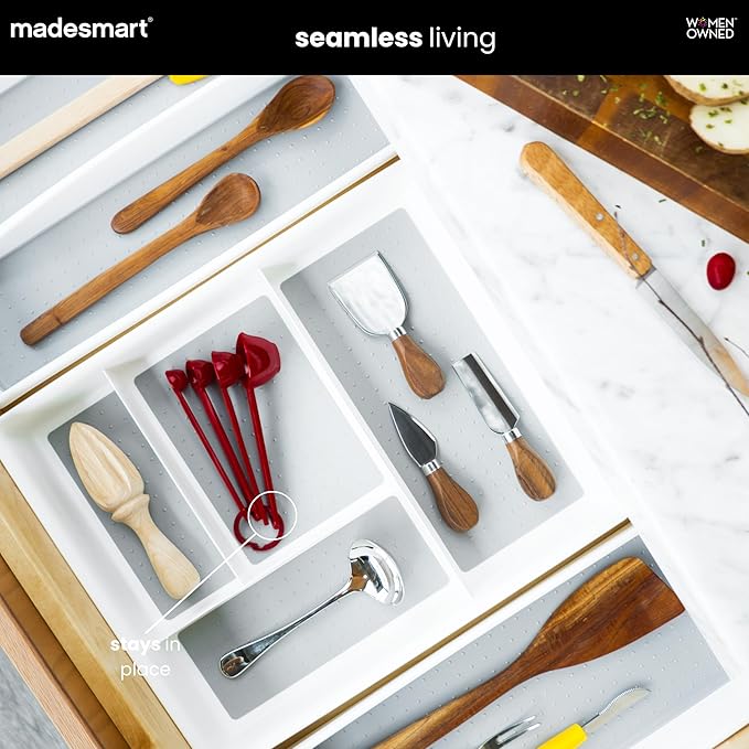 madesmart 4 Compartment Drawer Organizer, Multi Purpose Storage for Utensils, Office Tools, Cords, & Small Household Items, Tech Accessories, Arts & Crafts Supplies, Non Slip Lining, White