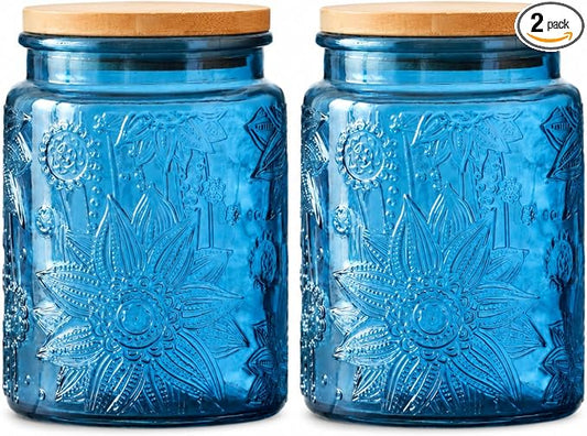 ANSQU 2 Pack Blue Glass Canisters with Lids, 23.7 oz Vintage Embossed Glass Jars, Airtight Food Storage Containers for Coffee Beans, Tea, Sugar, Candy, Cookies, Decorative Kitchen Pantry Organizer
