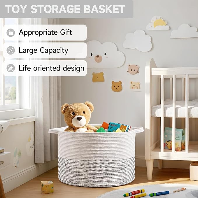 CLHMILY&Z Large Storage Basket - 20x13 Inches - Blanket Basket for Living Room, Woven Storage Basket, Large Laundry Basket for Clothes, for Tree Plant, Mix White