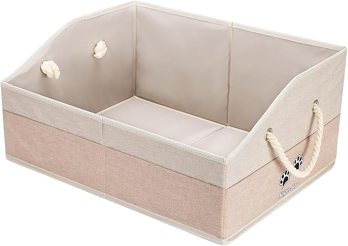 Large Dog Toy Basket with Handle, Foldable Dog Toy Box for Living Room Area , 20" Basket for Dog's Supplies, Organizer and Storage with Hard Board, Anti-Slip for Pet Toys (Beige, Medium 20"×15")