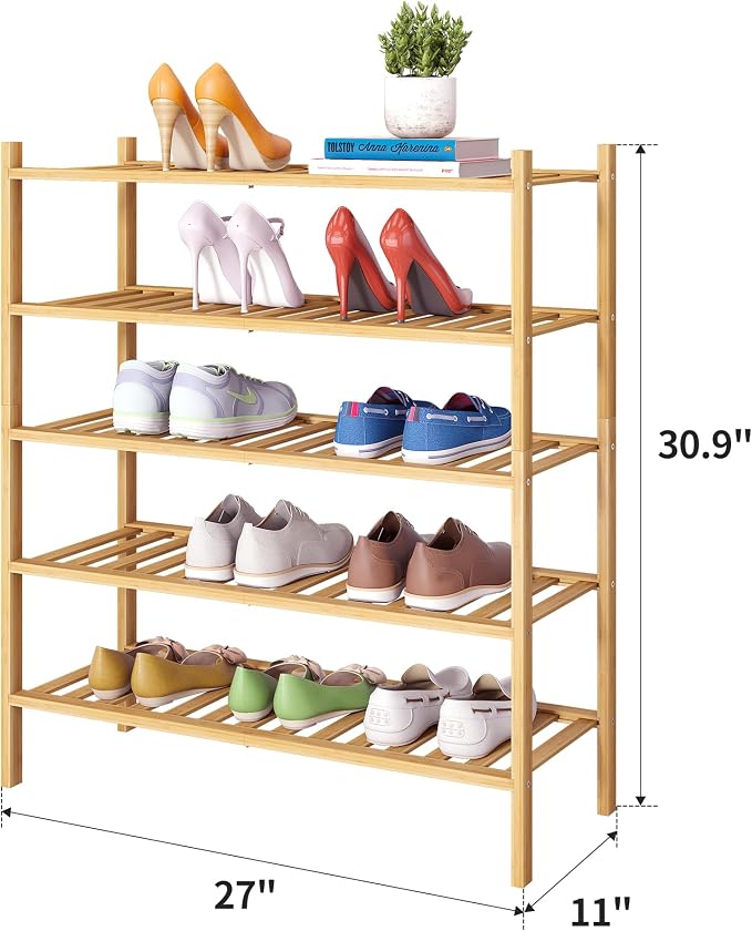 Bamboo Shoe Rack Stackable Storage Organizer for Unit Entryway Hallway and Closet Sturdy Freestanding Shoe Shelf(5 Tier Natural)