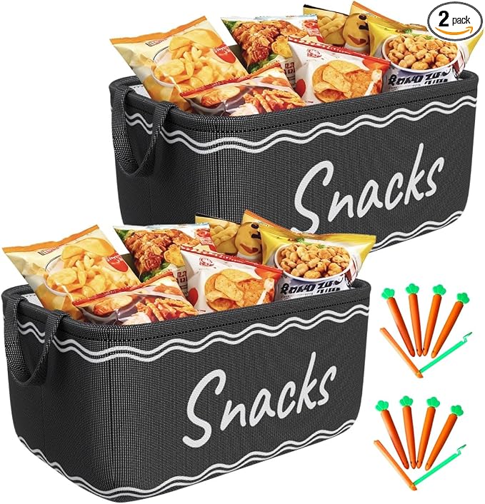 Snack Basket for Pantry & 5 Seal Clips - Snack Bin Organizer for Countertop - Imitation Linen Snack Storage Containers for Storing Chips, Pretzels, Cookies, Popcorn (2, Black-2 Pack)