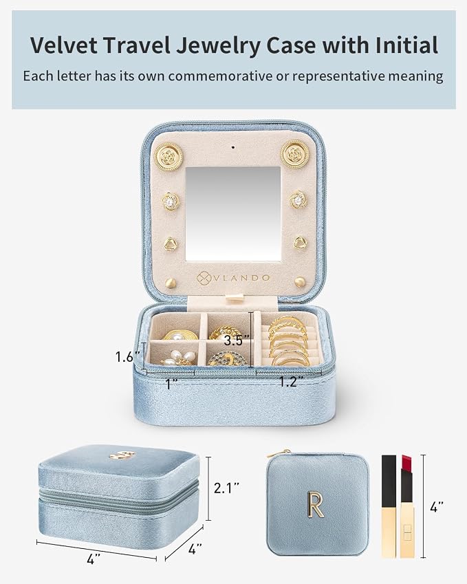 VLANDO Travel Jewelry Box for Girls Women, Initial Jewelry Organizer Box Travel Must Haves Jewelry Case for Girls, Necklace Earrings Ring Box Travel Gifts for Sister Daughters - Letter R, Blue