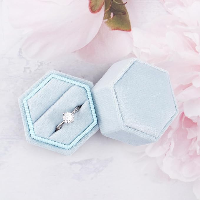 DesignSter Velvet Ring Box Hexagon - Premium Gorgeous Vintage Double Ring Display Holder with Detachable Lid for Proposal, Engagement, Wedding, Ceremony (Light Blue)