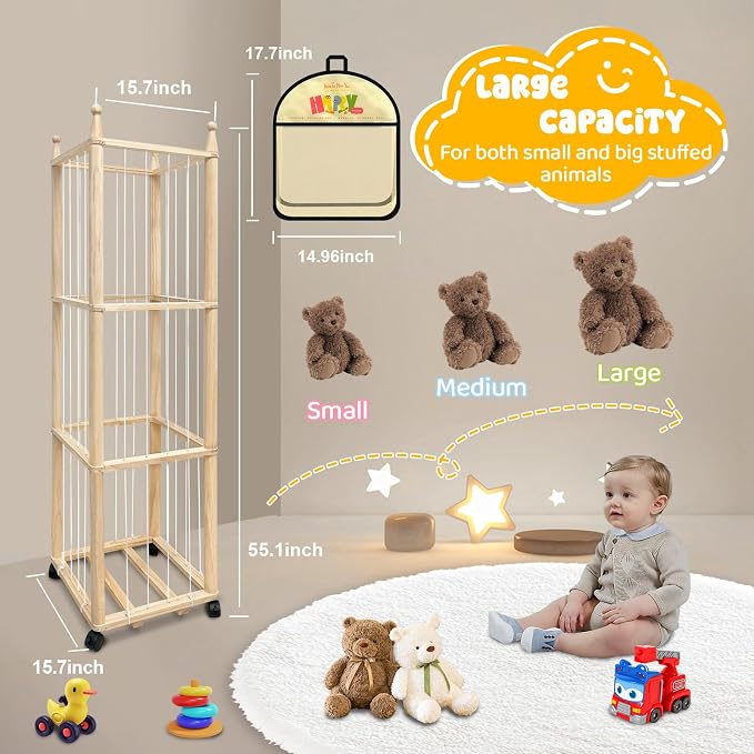Pmbqifay Stuffed Animal Storage/Organizer Cute Wooden Stuffed Animal Zoo Storage Plush Toy Holder Cage for Nursery Toddler Rooms,Playrooms & Bedrooms with Toy Storage Bags for Building Blocks,Puzzle