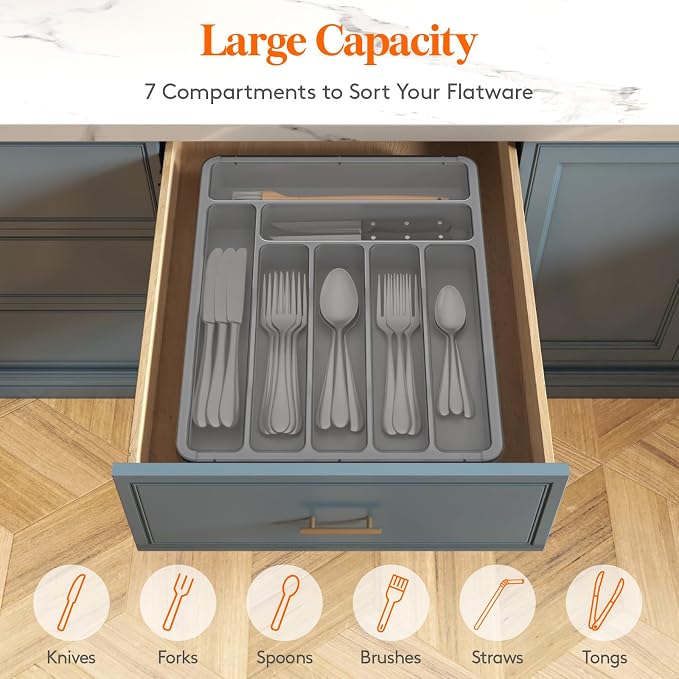 Lifewit Silverware Organizer with Lid, Covered Utensil Tray for Kitchen Drawer and Countertop, Plastic Cutlery and Flatware Storage Box for Spoons Forks Knives Holder Case, 29 x 37cm, Gray
