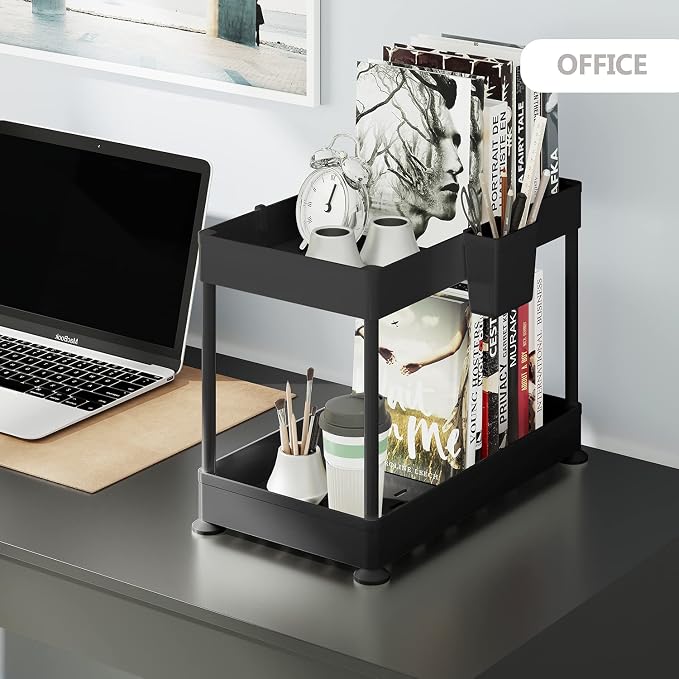 Under Sink Organizers and Storage | Bathroom Cabinet Organizer, Sink Shelf with Utility Hooks and Side Caddy for Under Cabinet Storage | Black (2-Pack) Non Slip Grip Under Kitchen Sink Organizer