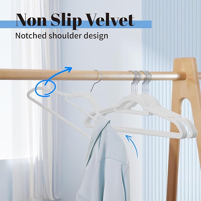 Smartor White Velvet Hangers 60 Pack, Space Saving Clothes Hangers with Tie Bar, Non-Slip Felt Hanger with Shoulder Notches, Heavy Duty Suit Hanger for Coat, Shirt, Pants, Dress | Non-slip Felt, Shoulder Notches and 360° Hooks Keep Suits, Dresses and P...