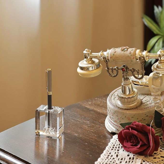 Fathers Day Crystal Christmas Gifts for Dad Crystal Carved Single Pen Holder, 2.4" Fancy Fountain Pen Holder for Desk, Glass Feather Pencil Stand for Office Desktop Decoration, Gift for Father Man