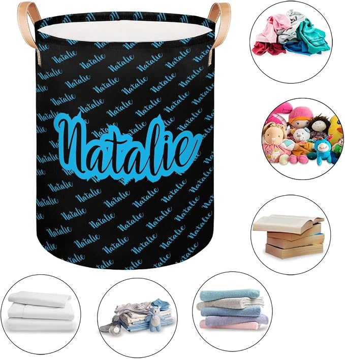 Personalized Laundry Basket, Custom Gift Laundry Hamper, Collapsible Nursery Waterproof Laundry Baskets, Dirty Clothes Toy Hamper with Handles Name Black Blue