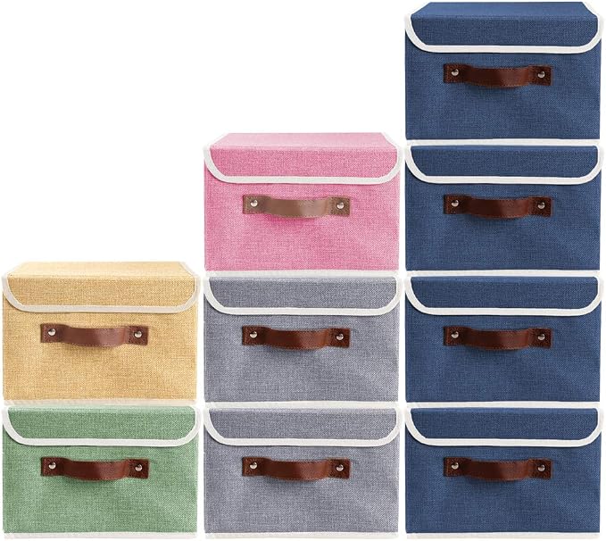 2Pack Storage Bins Boxes with Lids 15"x10"x10" Decorative Storage Baskets | Cotton Linen Fabric, Collapsible, Faux Leather Handles, Storage Cubes, Closet Shelf Clothes Organizer Container, Blue