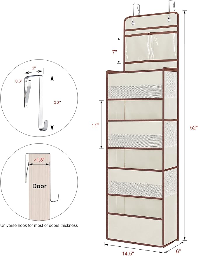 Univivi Over Door Hanging Organizers and Storage Nursery Closet Cabinet Baby Storage with 4 Large Compartments 2 Small PVC Pockets with 6 Side Pockets for Cosmetics, Toys and Sundries (Beige)
