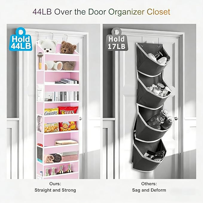 Over The Door Organizer Closet,5 Bins 10 Side Pockets,Hanging Door Organizer,Anti Tilt 44 lbs Load Organizers and Storage with Clear Window for Bedroom,Nursery,Rv,Bathroom,Camper(Pink)