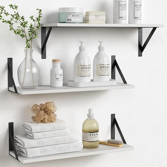 White Floating Shelves 24 inches Long Set of 3, 24 x 8 Inch Bathroom Wall Shelves Over Toilet for Towels, Modern Wood Mounted Storage Shelf for Bedroom Living Laundry Room Kitchen Office Closet