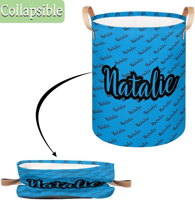 Personalized Laundry Basket, Custom Gift Laundry Hamper, Collapsible Nursery Waterproof Laundry Baskets, Dirty Clothes Toy Hamper with Handles Name Blue Black