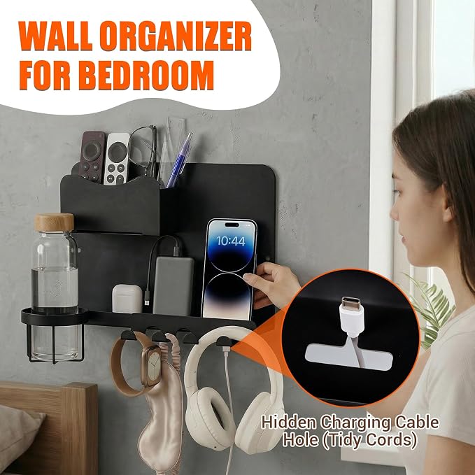 Metal Bedside Wall Shelf, Bedside Floating Shelf Wall Organizer with Detachable Cup Holder, No Drill Wall Mount for Bedroom, Dorm Room Decor, Nightstand Alternative, Bunk Bed Accessories, RV Storage